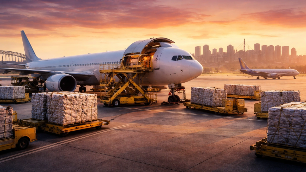 air cargo operations at an Australian airport during sunset, showing a large commercial aircraft being loaded with palletised freight on the apron, with ground vehicles, cargo carts, and a city skyline in the background.